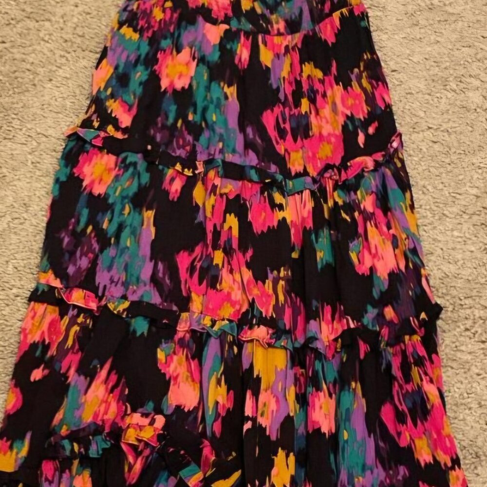 Boho prairie tier ruffle multicolor Vacay Resort Cottagecore Beach maxi dress L - Picture 8 of 15